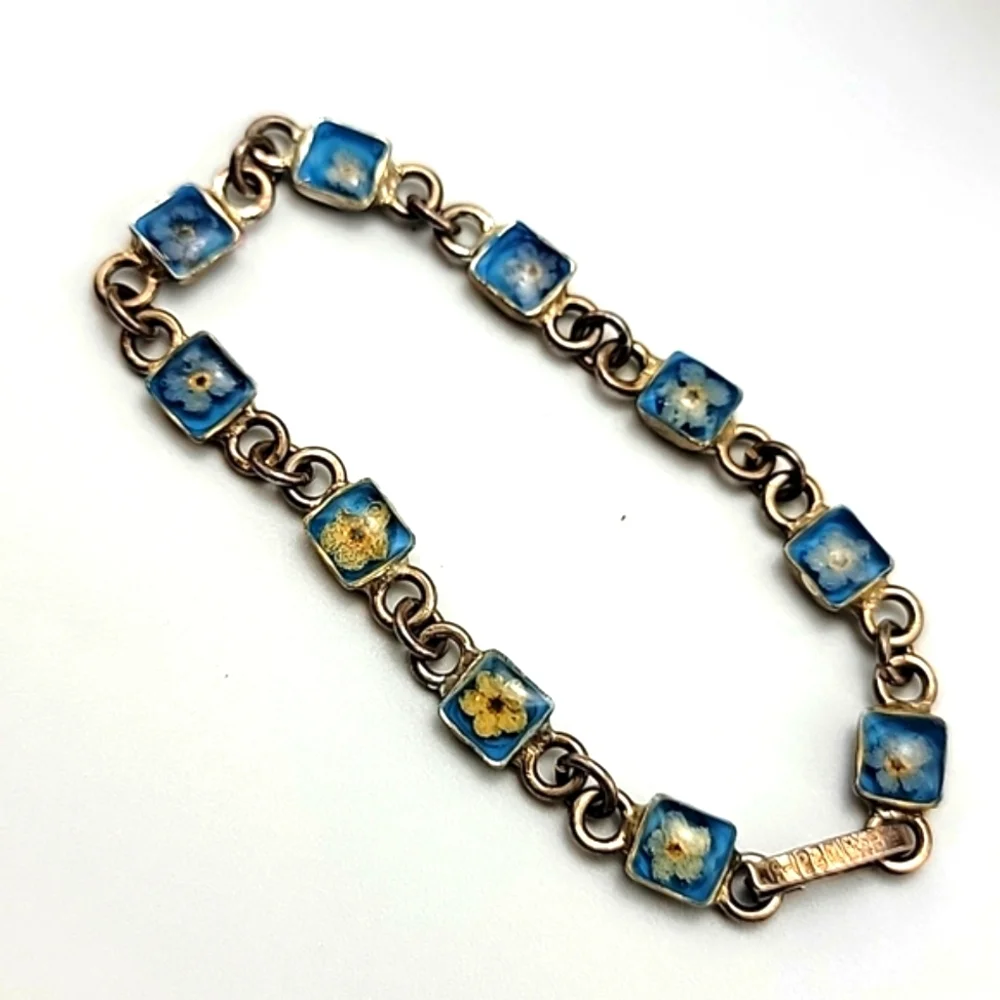VTG Art Deco Resin Floral Tiny Flowers 925 Signed Sterling Silver Bracelet 14g
